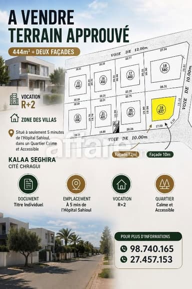Offre Terrain Approuvé 444m² Kalaa Seghira Cité Chragui