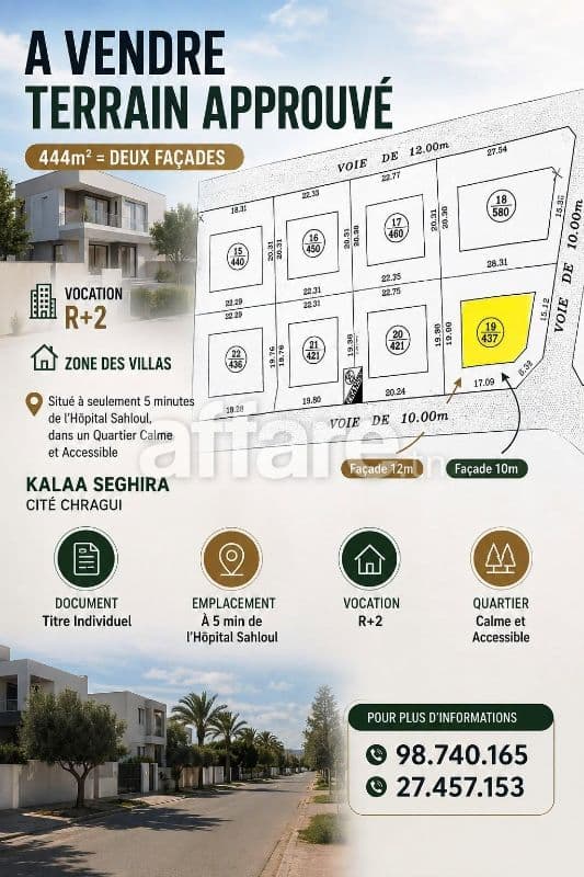 Offre Terrain Approuvé 444m² Kalaa Seghira Cité Chragui