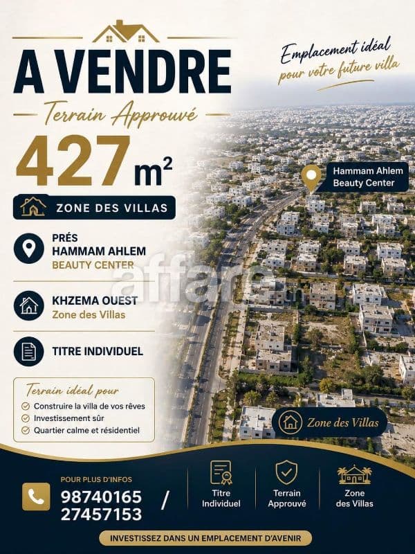 Terrain Approuvé 427m² Zone des Villas Khzema Ouest