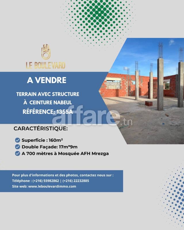 A vendre terrain avec structure à route ceinture Nabeul