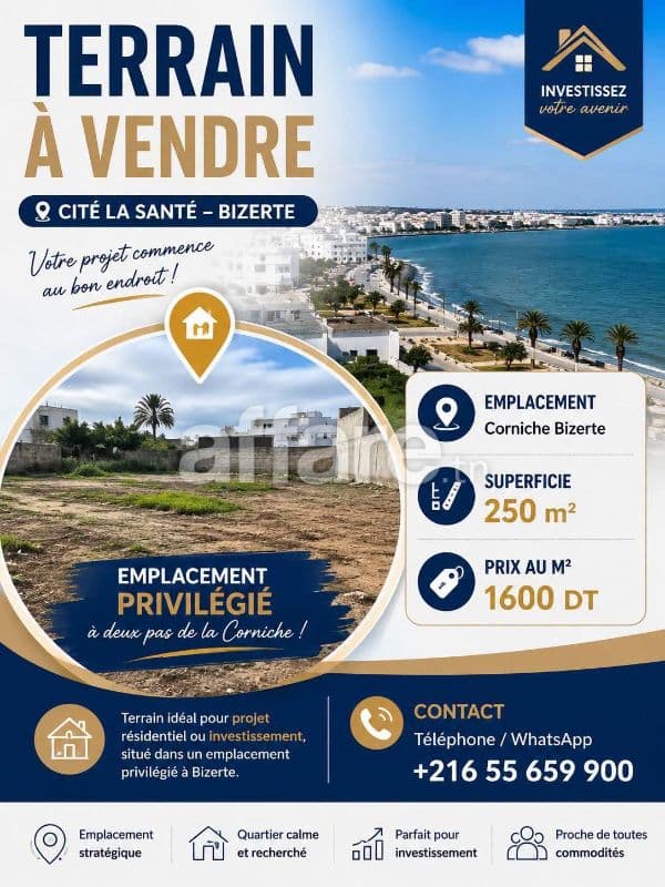 A Vendre un terrain à cité la Santé Bizerte