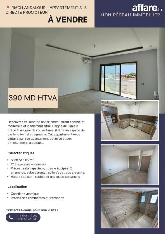 CITÉ EL GHAZELLA : UN JOLIE APPARTEMENT S+2  A VENDRE