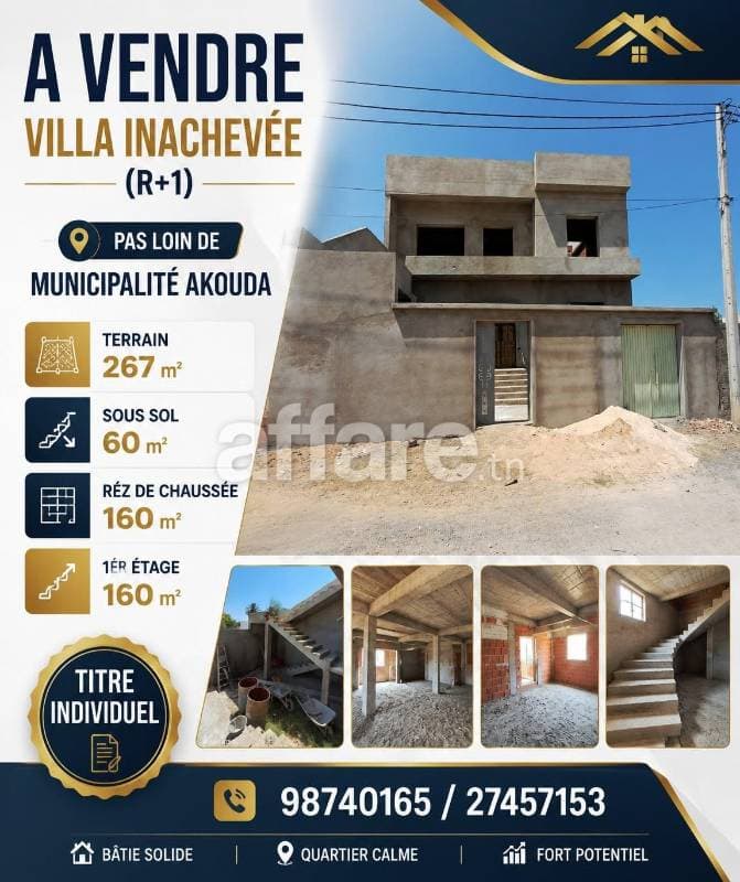 A VENDRE Villa Inachevé R+1 Pas loin Municipalité Akouda