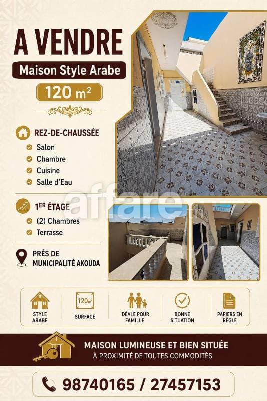 A VENDRE Maison Style Arabe Prés de Municipalité Akouda