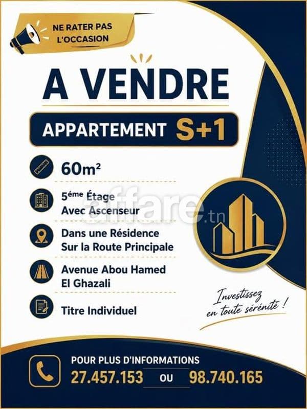 A VENDRE Appartement S+1 Avenue Abou Hamed El Ghazali