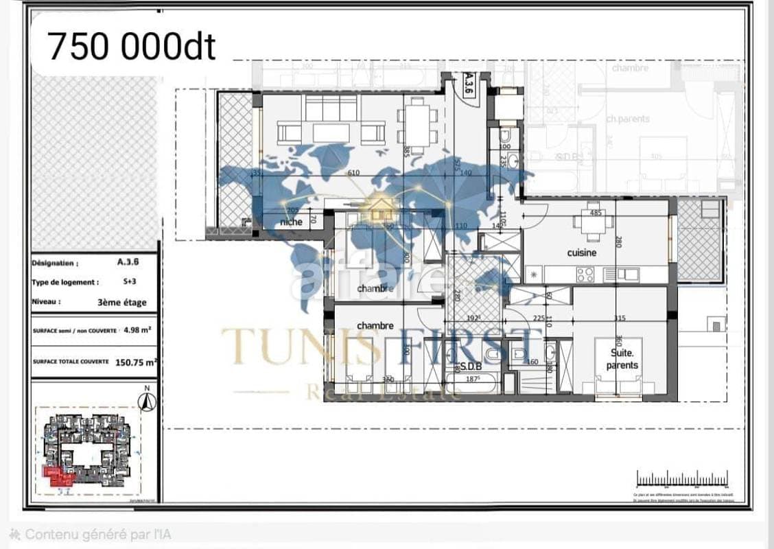 A Vendre Appartement S+3 à Ain Zaghouan Nord