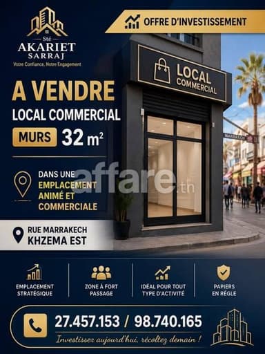 Local Commercial Murs 32m² Rue Marrakech Khzema EST
