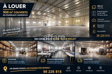 À LOUER 900 m² COUVERTS EN PANNEAUX SANDWICH