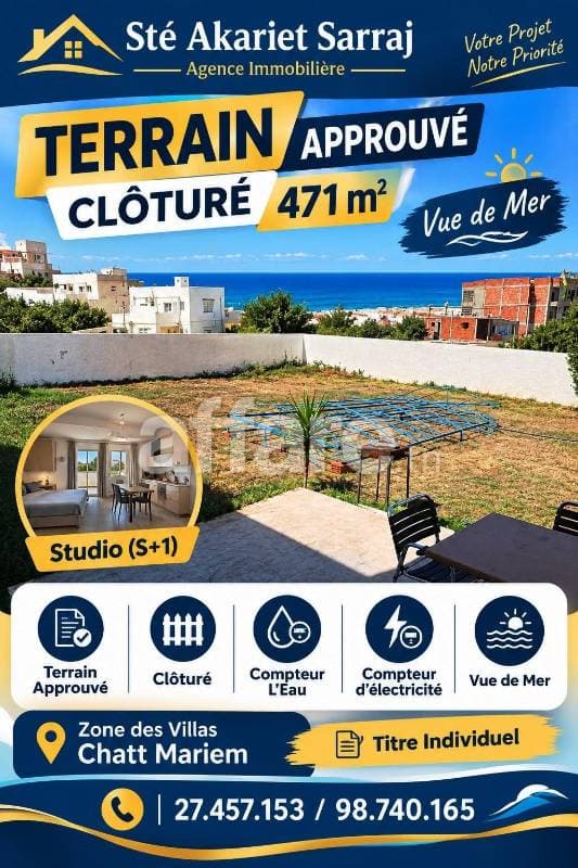 Occasion Terrain Clôturé 471m² + Studio S+1 Chatt Mariem