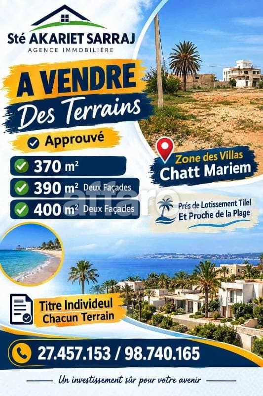 3 Terrains Approuvé 370m² + 390m² + 400m² Chatt Mariem