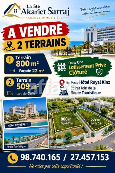 Deux Terrains 800m² 509m² En Face Hôtel Royal Kinz