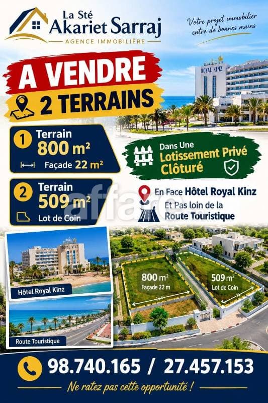 Deux Terrains 800m² 509m² En Face Hôtel Royal Kinz