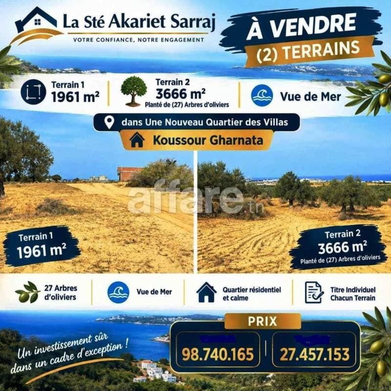 A VENDRE Terrains 1961m² 3666m² Koussour Gharnata