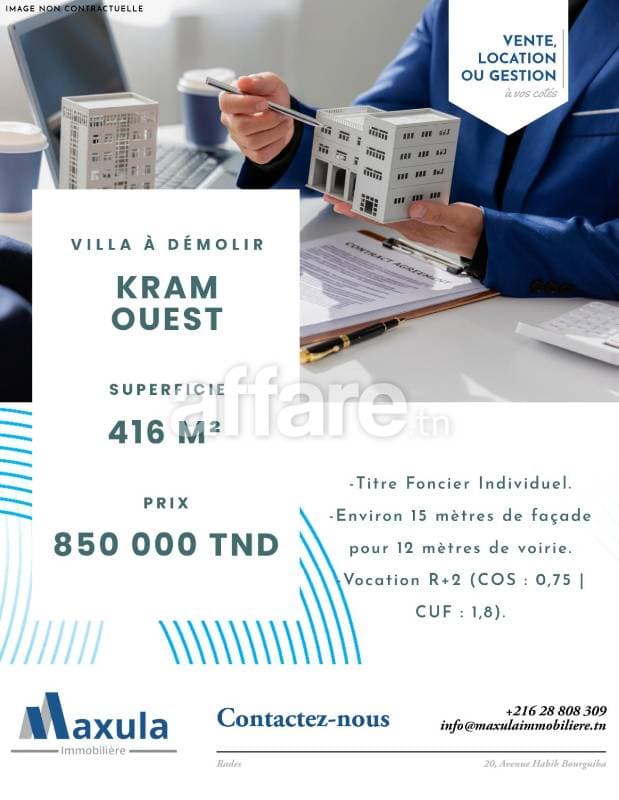 À VENDRE TERRAIN DE 416M² AVEC VILLA À DÉMOLIR À KRAM OUEST