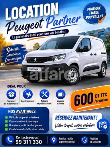 Location Peugeot Partner Utilitaire à 600 DT par semaine