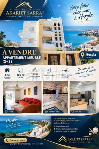 Trés Cool A VENDRE Appartement Bien Meublé S+3 Hergla