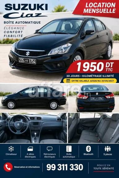 Location Suzuki Ciaz automatique 1 950 DT mois