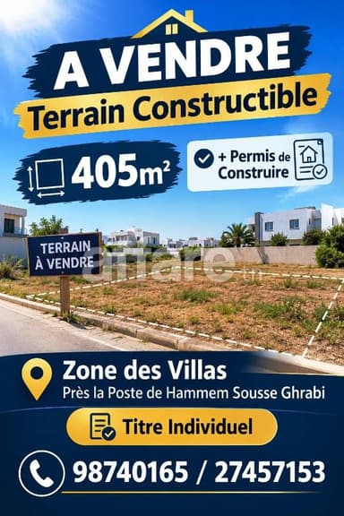 Terrain 405m² + Permis de Construire à Hammem Sousse Ghrabi