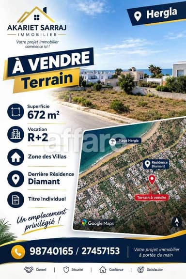 Terrain Approuvé 672m² derrière Résidence Diamant Hergla