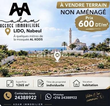 Terrain d exception de 1 265 m² à LIDO Nabeul