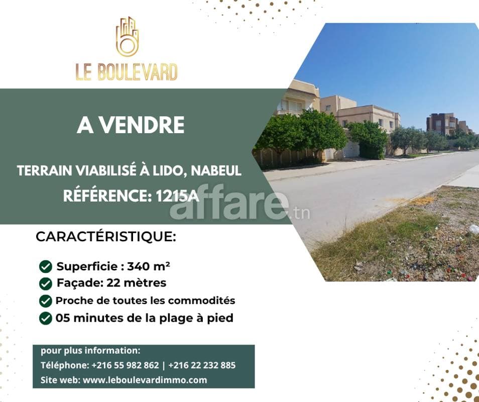 A vendre terrain 340m² viabilisé à Lido Nabeul
