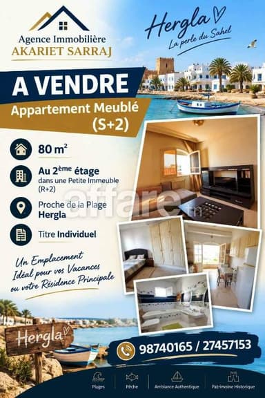 A VENDRE Appartement Bien Meublé S+2 Hergla
